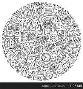 Line art vector hand drawn set of Automobile cartoon doodle objects, symbols and items. Round composition. Vector set of Automobile cartoon objects