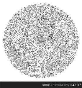 Line art vector hand drawn set of Beer fest cartoon doodle objects, symbols and items. Round form composition. Vector set of Beer cartoon doodle objects, symbols and items.
