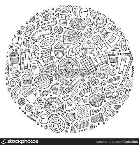 Line art vector hand drawn set of Cafe cartoon doodle objects, symbols and items. Round composition. Set of Cafe cartoon doodle objects