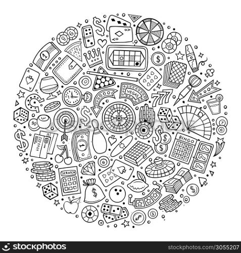 Line art vector hand drawn set of Casino cartoon doodle objects, symbols and items. Round composition. Set of Casino cartoon doodle objects, symbols and items