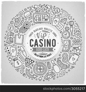 Line art vector hand drawn set of Casino cartoon doodle objects, symbols and items. Round frame composition. Set of Casino cartoon doodle objects, symbols and items