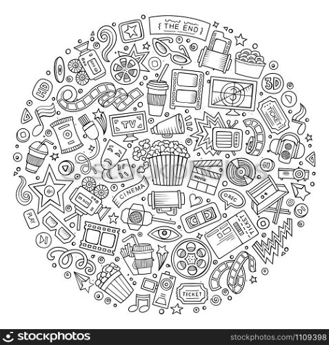 Line art vector hand drawn set of Cinema cartoon doodle objects, symbols and items. Round composition. Set of Cinema cartoon doodle objects