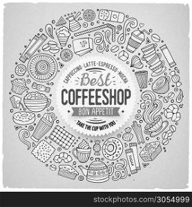 Line art vector hand drawn set of Coffee cartoon doodle objects, symbols and items. Round frame composition. Set of Coffee cartoon doodle objects, symbols and items