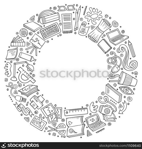 Line art vector hand drawn set of Design cartoon doodle objects, symbols and items. Round frame composition. Set of Design cartoon doodle objects, symbols and items
