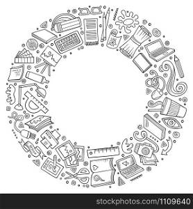 Line art vector hand drawn set of Design cartoon doodle objects, symbols and items. Round frame composition. Set of Design cartoon doodle objects, symbols and items