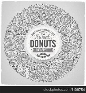 Line art vector hand drawn set of Donuts cartoon doodle objects, symbols and items. Round frame composition. Set of Donuts cartoon doodle objects, symbols and items