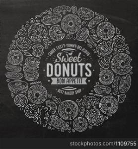 Line art vector hand drawn set of Donuts cartoon doodle objects, symbols and items. Round frame composition. Set of Donuts cartoon doodle objects, symbols and items