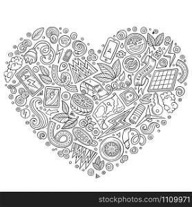 Line art vector hand drawn set of Eco cars doodle objects, symbols and items. Heart form composition. Vector hand drawn set of Eco cars doodle objects