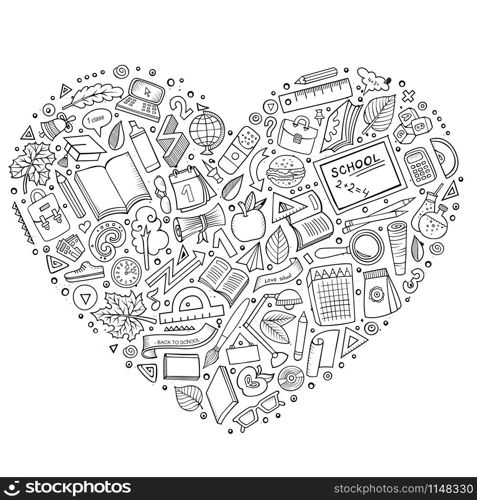Line art vector hand drawn set of Education cartoon doodle objects, symbols and items. Heart form composition. Cartoon Back to school objects set