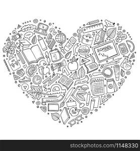 Line art vector hand drawn set of Education cartoon doodle objects, symbols and items. Heart form composition. Cartoon Back to school objects set