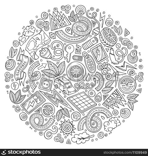 Line art vector hand drawn set of Electric cars cartoon doodle objects, symbols and items. Round composition. Vector set of Electric cars cartoon doodle objects