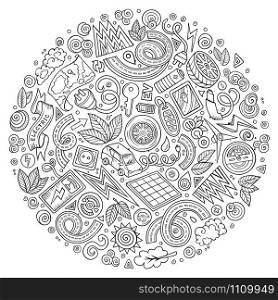 Line art vector hand drawn set of Electric cars cartoon doodle objects, symbols and items. Round composition. Vector set of Electric cars cartoon doodle objects