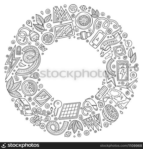 Line art vector hand drawn set of Electric cars cartoon doodle objects, symbols and items. Round frame composition. Vector hand drawn set of Electric cars cartoon doodle objects