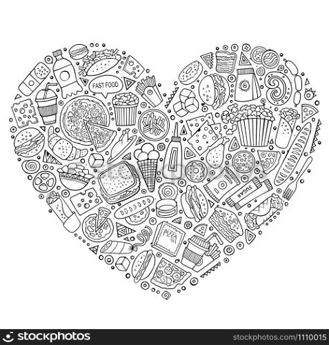 Line art vector hand drawn set of Fast Food cartoon doodle objects, symbols and items. Heart form composition. Line art vector set of Fast Food items