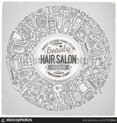 Line art vector hand drawn set of Hair salon cartoon doodle objects, symbols and items. Round frame composition. Vector set of Hair salon cartoon doodle objects
