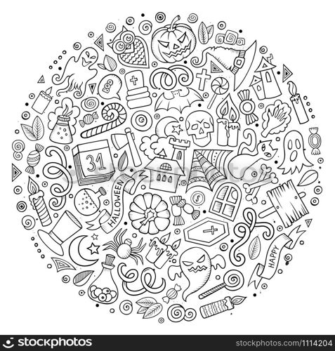 Line art vector hand drawn set of Halloween cartoon doodle objects, symbols and items. Round composition. Set of Halloween cartoon objects, symbols and items