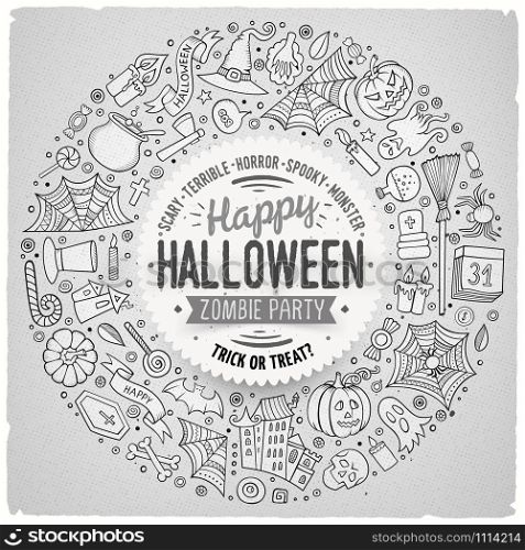 Line art vector hand drawn set of Halloween cartoon doodle objects, symbols and items. Round frame composition. Round frame Halloween cartoon objects, symbols and items
