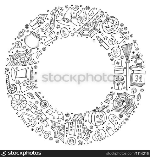 Line art vector hand drawn set of Halloween cartoon doodle objects, symbols and items. Round frame composition. Round frame Halloween cartoon objects, symbols and items