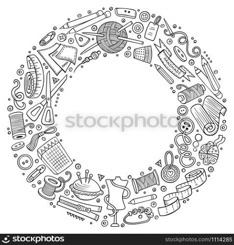 Line art vector hand drawn set of Handmade cartoon doodle objects, symbols and items. Round frame composition. Set of Handmade cartoon doodle objects, symbols and items