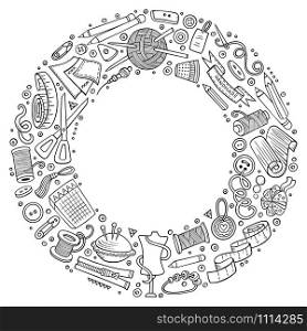 Line art vector hand drawn set of Handmade cartoon doodle objects, symbols and items. Round frame composition. Set of Handmade cartoon doodle objects, symbols and items