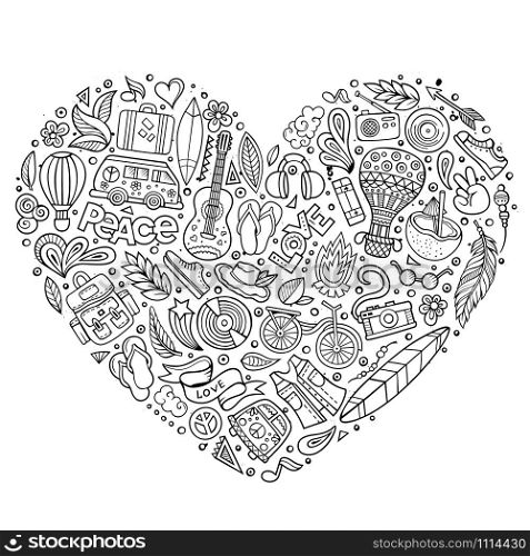 Line art vector hand drawn set of Hippie cartoon doodle objects, symbols and items. Heart form composition. Set of Hippie cartoon doodle objects