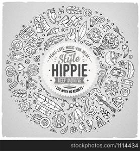 Line art vector hand drawn set of Hippie cartoon doodle objects, symbols and items. Round frame composition. Set of Hippie cartoon doodle objects, symbols and items