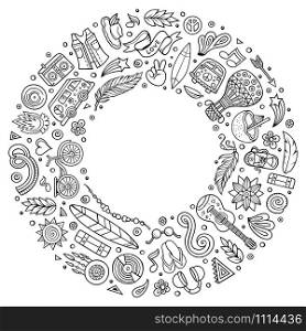 Line art vector hand drawn set of Hippie cartoon doodle objects, symbols and items. Round frame composition. Set of Hippie cartoon doodle objects, symbols and items