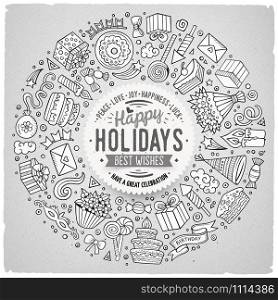 Line art vector hand drawn set of Holidays cartoon doodle objects, symbols and items. Round frame composition. Set of Holidays cartoon doodle objects
