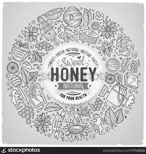 Line art vector hand drawn set of Honey cartoon doodle objects, symbols and items. Round frame composition. Vector set of Honey cartoon doodle objects