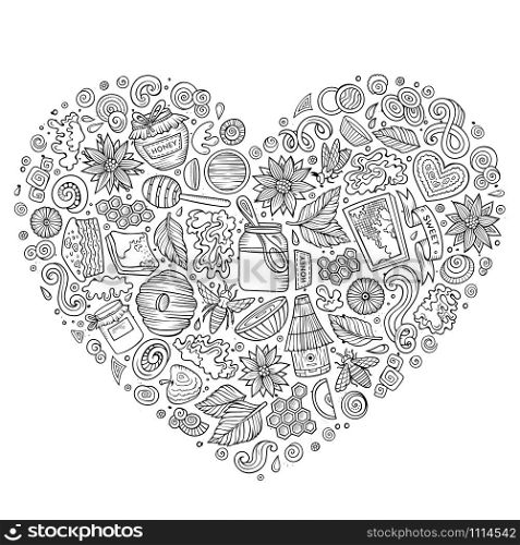 Line art vector hand drawn set of Honey cartoon doodle objects, symbols and items. Heart form composition. Vector set of Honey cartoon doodle objects