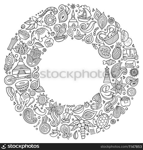 Line art vector hand drawn set of Indian cartoon doodle objects, symbols and items. Round frame composition. Vector set of Indian cartoon doodle objects