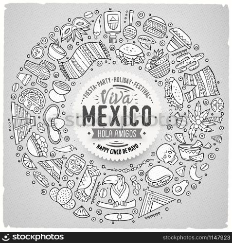 Line art vector hand drawn set of Latin American cartoon doodle objects, symbols and items. Round frame composition. Set of Latin American cartoon doodle objects, symbols and items