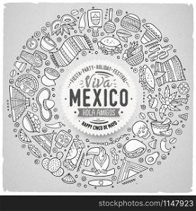 Line art vector hand drawn set of Latin American cartoon doodle objects, symbols and items. Round frame composition. Set of Latin American cartoon doodle objects, symbols and items