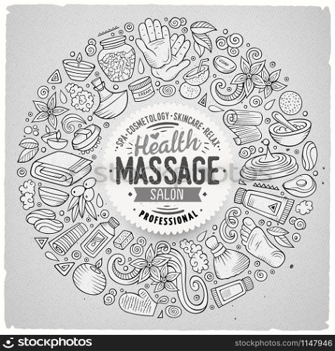 Line art vector hand drawn set of Massage cartoon doodle objects, symbols and items. Round frame composition. Vector set of Massage cartoon doodle objects