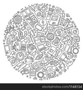 Line art vector hand drawn set of Photo studio cartoon doodle objects, symbols and items. Round composition. Set of Photo studio cartoon doodle objects
