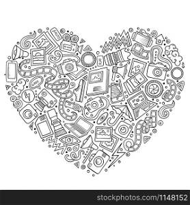 Line art vector hand drawn set of Photo studio cartoon doodle objects, symbols and items. Heart form composition. Set of Photo studio cartoon doodle objects