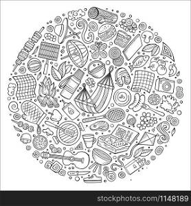 Line art vector hand drawn set of Picnic cartoon doodle objects, symbols and items. Round composition. Set of Picnic cartoon doodle objects, symbols and items