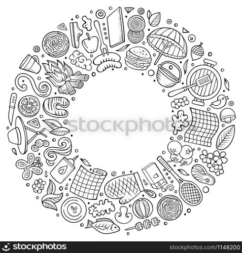 Line art vector hand drawn set of Picnic cartoon doodle objects, symbols and items. Round frame composition. Line art vector hand drawn set of Picnic cartoon doodle objects