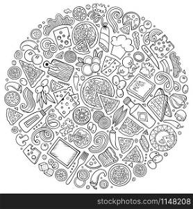 Line art vector hand drawn set of Pizza cartoon doodle objects, symbols and items. Round composition. Set of Pizza cartoon doodle objects, symbols and items