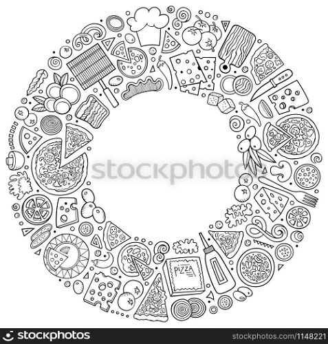 Line art vector hand drawn set of Pizza cartoon doodle objects, symbols and items. Round frame composition. Set of Pizza cartoon doodle objects, symbols and items