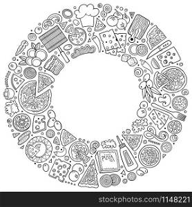 Line art vector hand drawn set of Pizza cartoon doodle objects, symbols and items. Round frame composition. Set of Pizza cartoon doodle objects, symbols and items