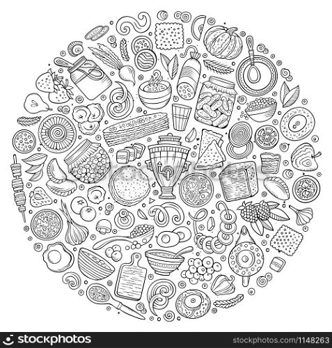 Line art vector hand drawn set of Russian food cartoon doodle objects, symbols and items. Round composition. Vector set of Russian food cartoon doodle objects