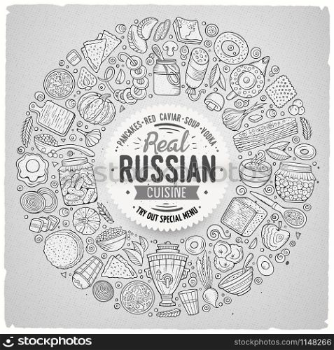 Line art vector hand drawn set of Russian food cartoon doodle objects, symbols and items. Round frame composition. Vector set of Russian food cartoon doodle objects