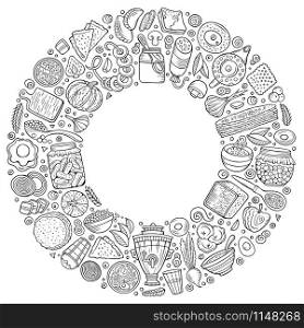 Line art vector hand drawn set of Russian food cartoon doodle objects, symbols and items. Round frame composition. Vector set of Russian food cartoon doodle objects