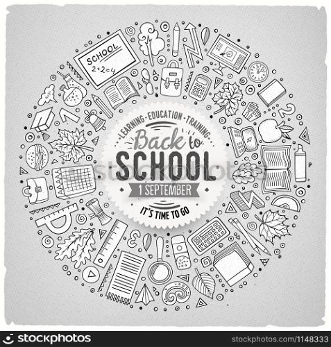 Line art vector hand drawn set of School cartoon doodle objects, symbols and items. Round frame composition. Set of School cartoon doodle objects, symbols and items