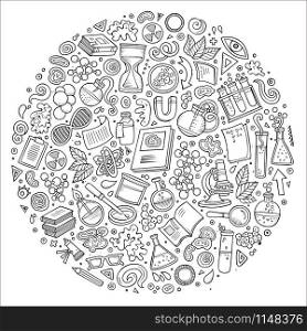 Line art vector hand drawn set of Science cartoon doodle objects, symbols and items. Round composition. Set of Science cartoon doodle objects