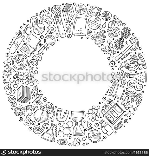 Line art vector hand drawn set of Science cartoon doodle objects, symbols and items. Round frame composition. Set of Science cartoon doodle objects, symbols and items