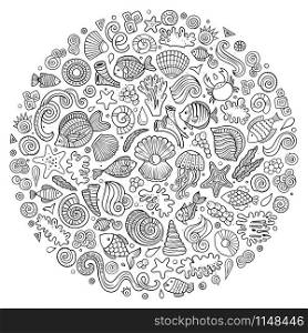 Line art vector hand drawn set of Sealife cartoon doodle objects, symbols and items. Round composition. Set of Sealife cartoon doodle objects, symbols and items