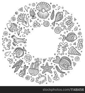 Line art vector hand drawn set of Sealife cartoon doodle objects, symbols and items. Round frame composition. Set of Sealife cartoon doodle objects, symbols and items