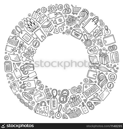 Line art vector hand drawn set of Shopping cartoon doodle objects, symbols and items. Round frame composition. Vector set of Shopping cartoon doodle objects